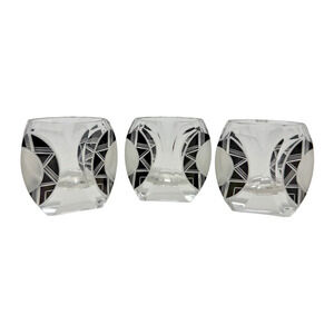 Rare 1930s Art Deco Czech Crystal Shot Glasses Black Cut Design Set of 3 10.5 oz